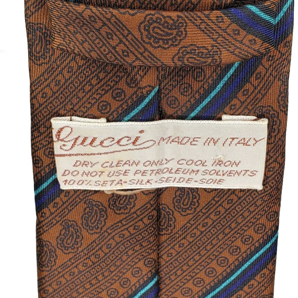 Gucci Necktie Brown Blue Business Stripe Paisley - Picture 4 of 5